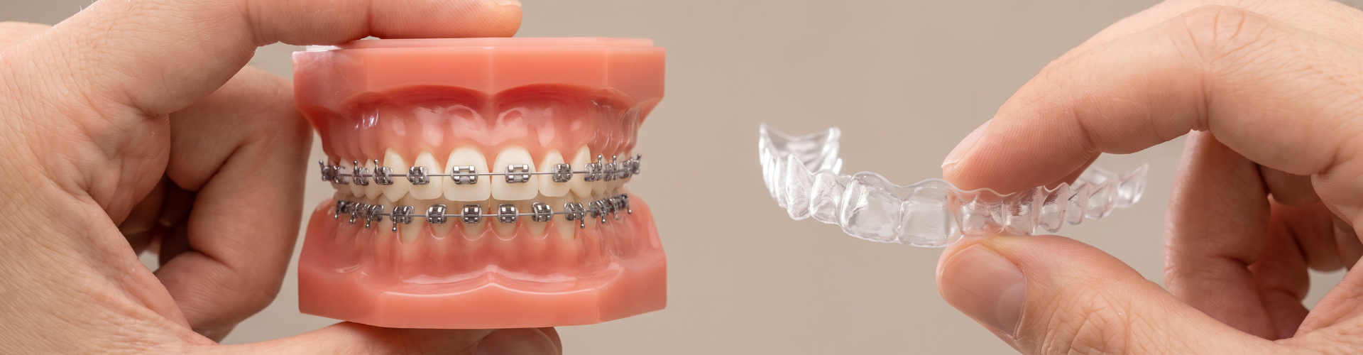 Hands holding a model of upper and lower teeth with metal braces beside a clear dental aligner.